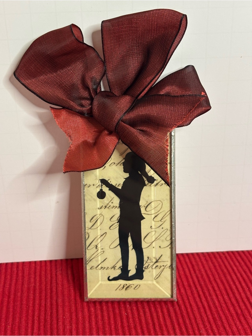 Janice Blough Signed Beaveled Glass Elf Silhouette Ornament with Burgundy Bow